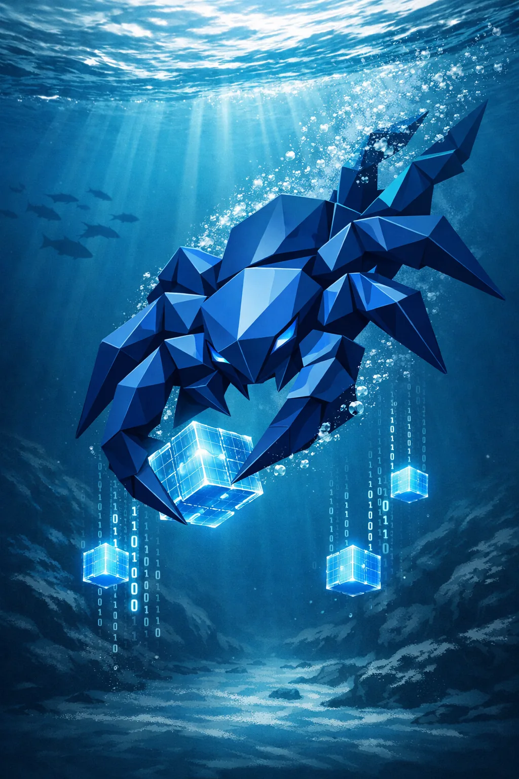 Nexie deep below the surface, descending through open water after cubes of data