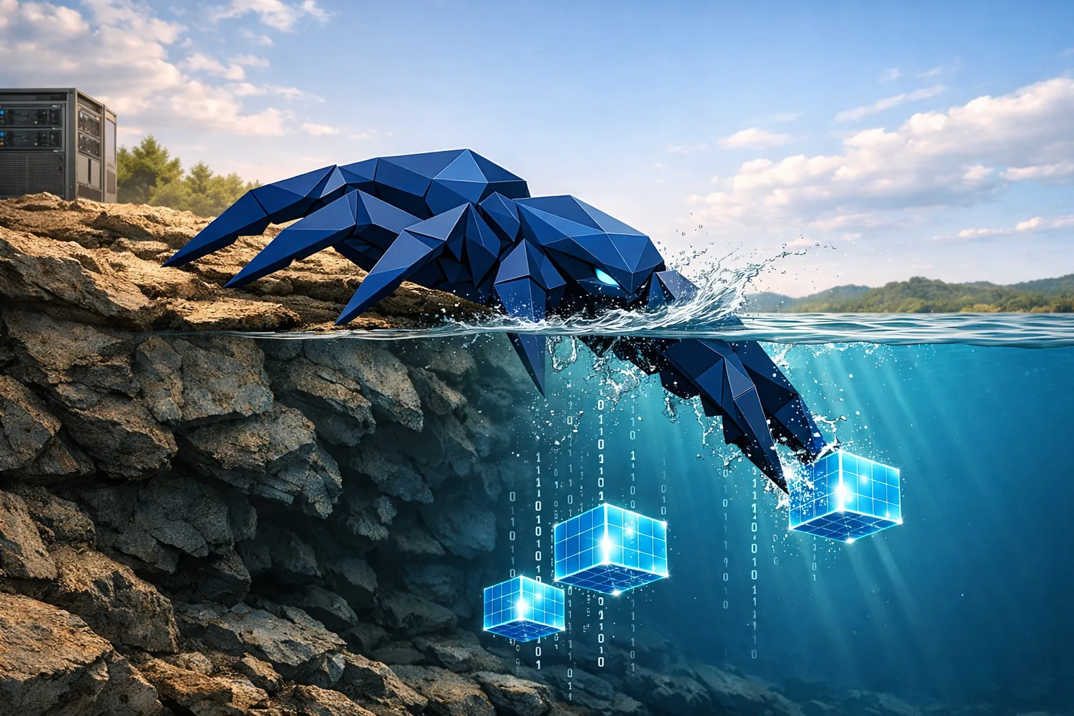 Nexie at the waterline, front legs breaking the surface to reach glowing cubes of data below